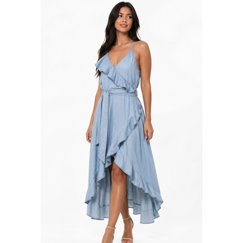 Guess Los Angeles Lyocell Ruffle Wrap Maxi Dress Blue High Low Medium M